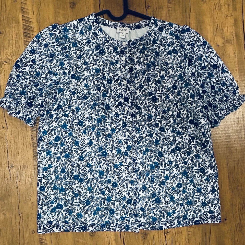 J.Crew Blue Floral Crinkle Puff-Sleeve Ruffle Button-Up Top - Picture 4 of 16